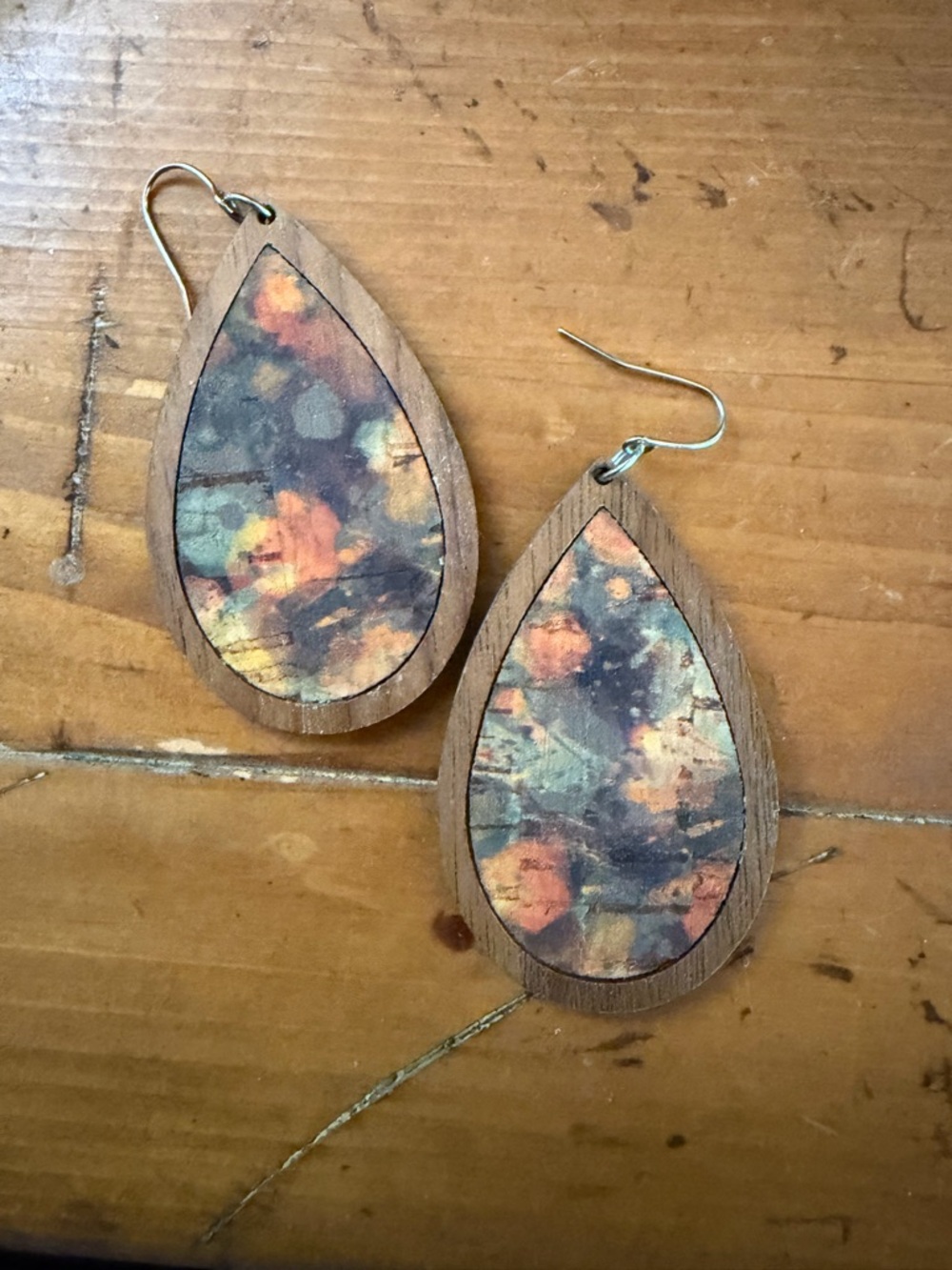 Teardrop Wooden Earrings with Abstract Floral Inlay